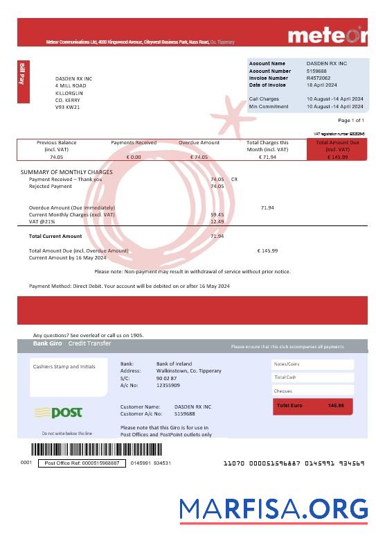 Printable Ireland Meteor business utility bill template fully editable in PSD formats